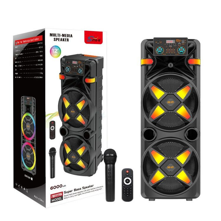 اسپیکر بلوتوثی شارژی ZQS-12205 دو ووفر 12 اینچی با میکروفون بیسیم و رقص نور RGB